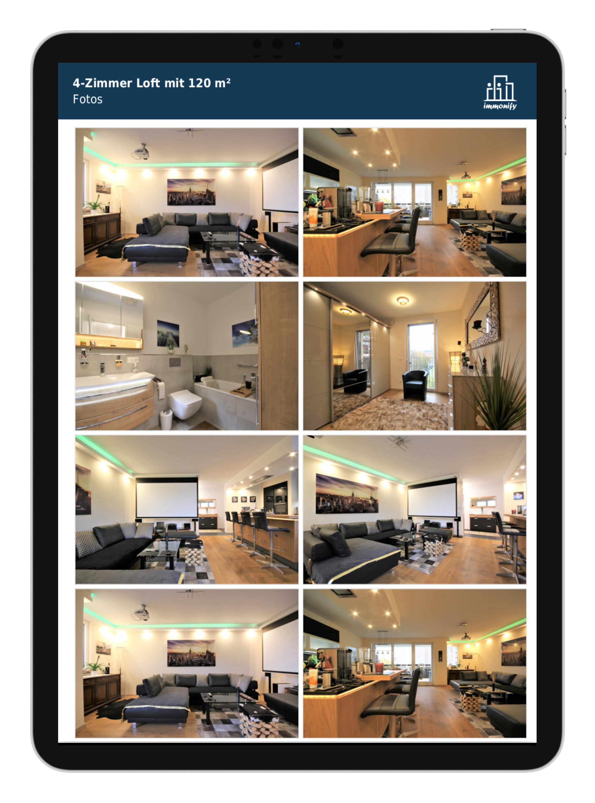 Page 2: Picture gallery with up to 8 photos per page as well as floor plans and visualisations